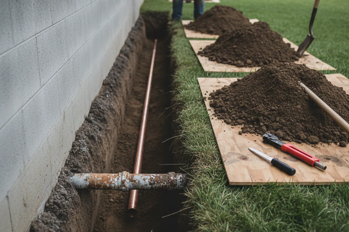 Excavated water line trench during Sewer Line Repair in Snow Hill